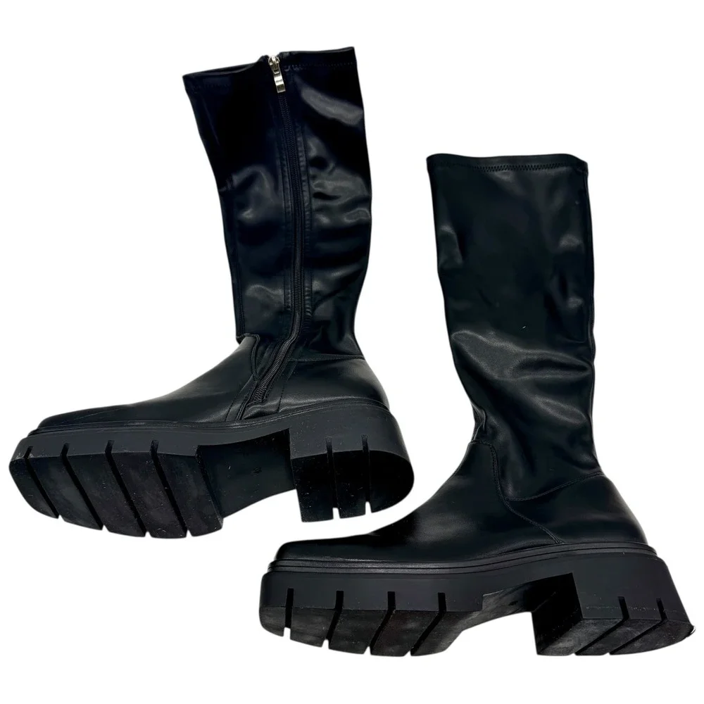 Vivianly Black Platform Chunky Lug Sole Knee High Boots Goth Punk Size 40‎